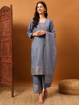 Safaa - Blue Women Floral Unstitched Kurta with Unstitched Bottom and Dupatta