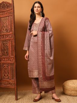 Safaa - Brown Women Woolen Suit Design Unstitched Kurta with Unstitched Bottom and Dupatta