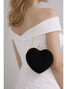 Fabbhue - Women Heart Shape Black Box Clutch with Detachable Strap