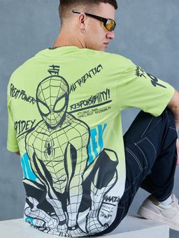 Bewakoof - Official Marvel Men's Green & White Spiderman Graphic Printed Ombre Oversized T-shirt