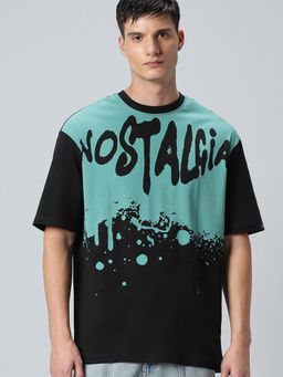 Bewakoof - Men's Black & Green Nost Graphic Printed Oversized T-shirt