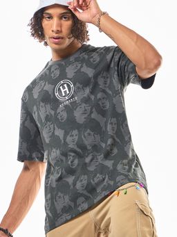 Bewakoof - Mens Grey & Black Hogwarts All Over Printed Oversized T-shirt