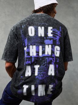 Bewakoof - Mens Black One Thing Typography Oversized Acid Wash T-Shirt