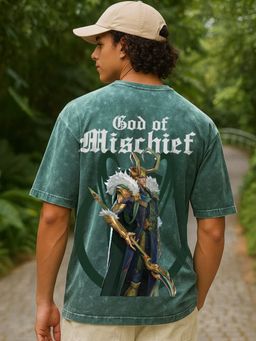 Bewakoof - Official Marvel Men's Green Loki Graphic Printed Oversized Acid Wash T-shirt