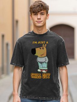 Bewakoof - Men's Black Chill Guy Graphic Printed Oversized Acid Wash T-shirt