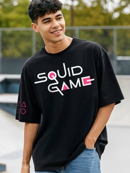 Bewakoof - Men's Black Squid Game Graphic Printed Oversized T-shirt