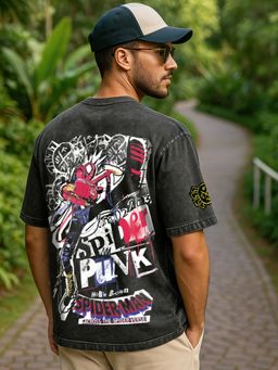 Bewakoof - Official Marvel Men's Black Spider Punk Graphic Printed Oversized Acid Wash T-shirt