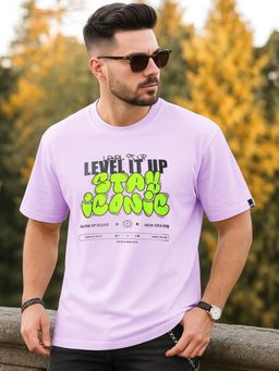 Bewakoof - Men's Purple Level It Up Stay Iconic Typography Oversized T-shirt
