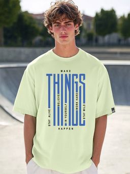 Bewakoof - Men's Fog Green Things Typography Oversized T-shirt