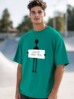 Bewakoof - Men's Green Humans Aren't Real Graphic Printed Oversized T-shirt