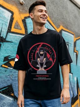 Bewakoof - Official Naruto Men's Jet Black Madara Graphic Printed Oversized T-shirt