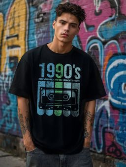 Bewakoof - Men's Jet Black Rewind The Rythm Graphic Printed Oversized T-shirt