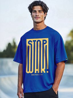 Bewakoof - Men's Blue Stopwar Typography Oversized T-shirt