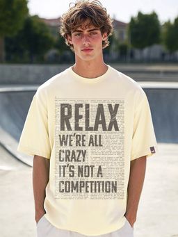 Bewakoof - Men's Beige Relax Typography Oversized T-shirt