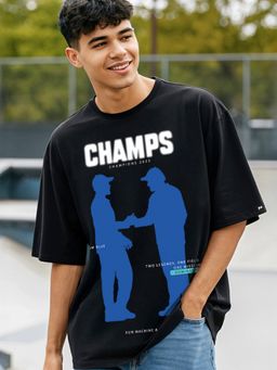 Bewakoof - Men's Jet Black Champ Graphic Printed Oversized T-shirt
