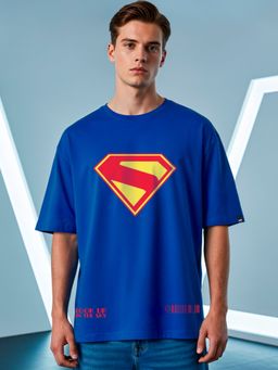 Bewakoof - Official DC Men's Blue Superman Logo Graphic Printed Oversized T-shirt