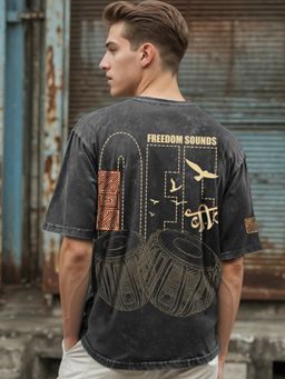Bewakoof - Men's Black Freedom Sounds Graphic Printed Oversized Acid Wash T-shirt