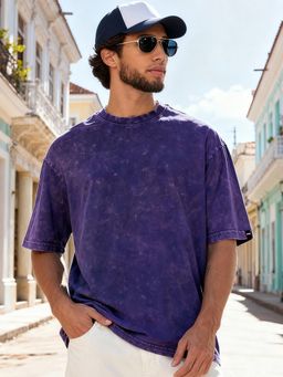Bewakoof - Men's Skipper Blue Oversized Acid Wash T-shirt