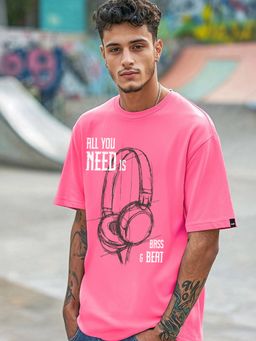 Bewakoof - Men's Fandango Pink Bass & Beat Graphic Printed Oversized T-shirt