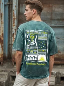 Bewakoof - Men's Dark Sea Green Sanctuary Graphic Printed Oversized Acid Wash T-shirt