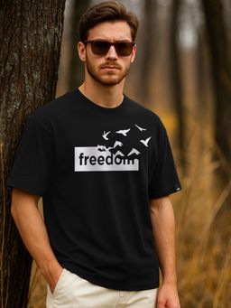 Bewakoof - Men Jet Black Freedom Graphic Printed Oversized T-Shirt