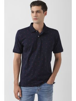 Peter England - Men Navy Print Collar Neck Polo T-Shirt