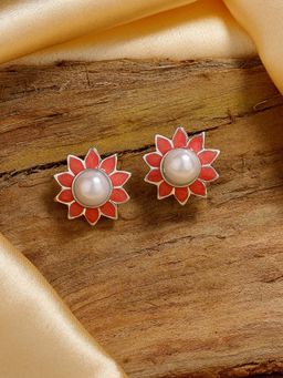 Estele - Rhodium Plated Dazzling Pearl Stud Earrings with Peach Enamel for Women