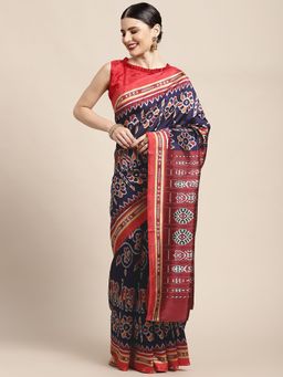 Akhilam - Womens Bhagalpuri Silk Blue Printed Designer Saree with Unstitched Blouse
