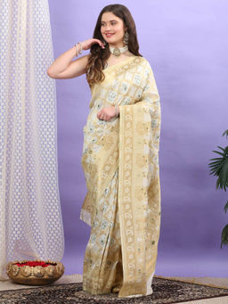 Dress & Dazzle - Cream Katan Silk Saree with Unstitched Blouse