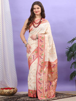 Dress & Dazzle - Women Cream Pathani Silk Saree with Unstitched Blouse