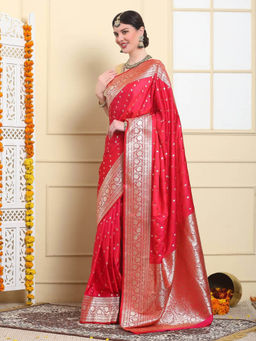 Dress & Dazzle - Ruby Red Banarasi Katan Silk Saree with Unstitched Blouse