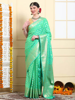 Dress & Dazzle - Women Neon Mint Green Katan Silk Saree with Unstitched Blouse