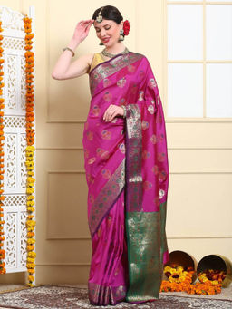 Dress & Dazzle - Magenta Katan Silk Saree with Unstitched Blouse