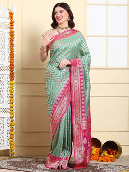 Dress & Dazzle - Turquoise Blue Zari Leheriya Saree with Unstitched Blouse