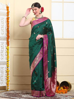 Dress & Dazzle - Women Emerald Green Pure Katan Silk Saree with Unstitched Blouse