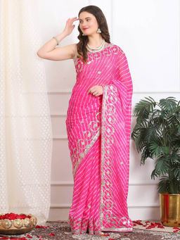 Dress & Dazzle - Women Bright Pink Leheriya Organza Saree with Unstitched Blouse