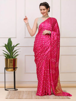 Dress & Dazzle - Hot Pink Bandhini Modal Silk Saree with Unstitched Blouse