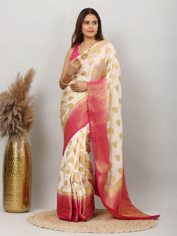 Dress & Dazzle - Cream Kanjivaram Silk Saree with Unstitched Blouse