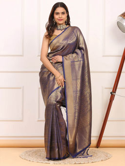 Dress & Dazzle - Navy Blue Kanjivaram Silk Saree with Unstitched Blouse