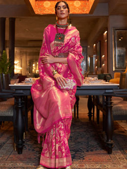 Dress & Dazzle - Hot Pink Banarasi Silk Saree with Unstitched Blouse