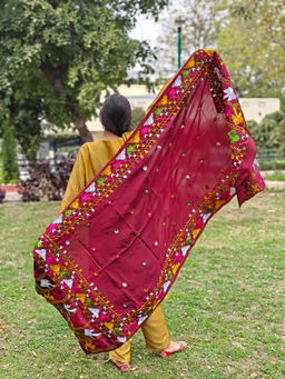 Phulkari Forever - Wine Pure Silk Hand Embroidered Phulkari Dupatta