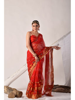 Sutra Attire - Red Hand Bandhani Chiffon Saree with Zari Border with Unstitched Blouse
