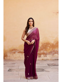 Geroo Luxe - Burgundy Embroidered Gotta Patti Pure Chiffon Saree with Unstitched Blouse