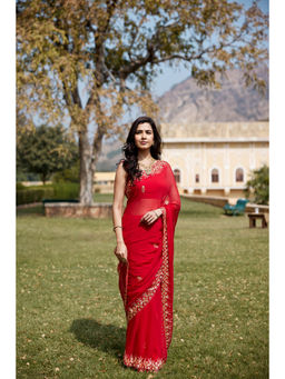 Geroo Luxe - Embroidered Pure Chiffon Saree with Unstitched Blouse