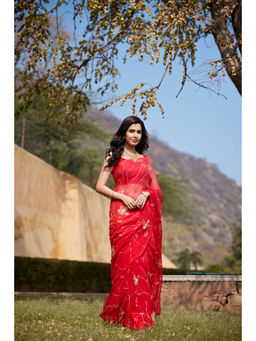 Geroo Jaipur - Floral Embroidered Aari Work Pure Chiffon Saree with Unstitched Blouse