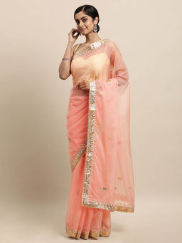 Geroo Luxe - Peach Gotta Patti Organza Saree with Unstitched Blouse