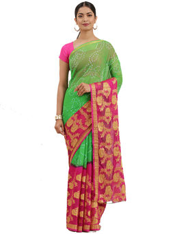 Geroo Jaipur - Green Hand Dyed Bandhani and Zari Saree with Unstitched Blouse