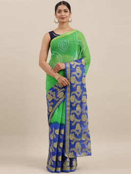Geroo Jaipur - Blue Hand Dyed Bandhani and Zari Saree with Unstitched Blouse