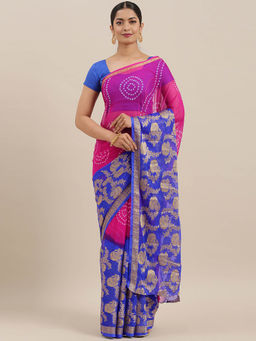 Geroo Jaipur - Blue Woven Design Zari Poly Chiffon Bandhani Saree with Unstitched Blouse