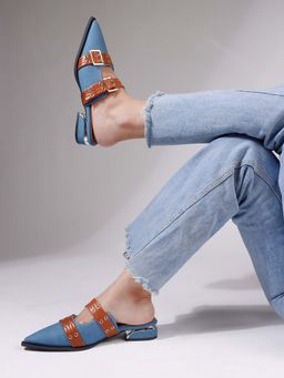 The White Pole - Stylish Pointed Toe Denim Blue Mules for Women